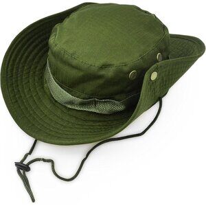 Unisex Green 100%Polyester Wide Brim Boonie With Chin Strap Classic Bush Sun Hat